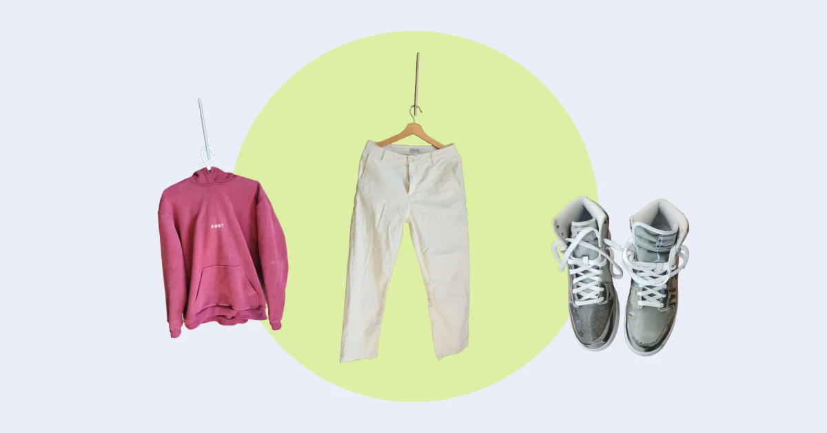 Fitr campaign composition: a rose hoodie, cream trousers, and silver sneakers
